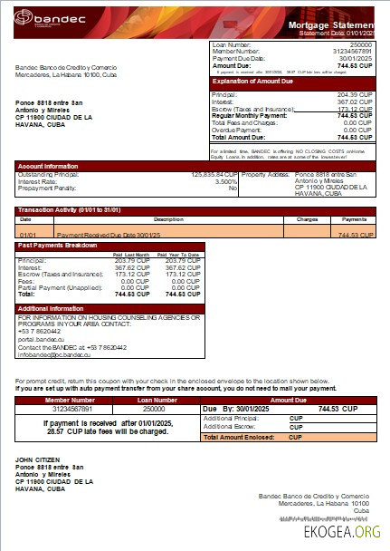 Relevé hypothécaire de la banque Cuba BANDEC scr